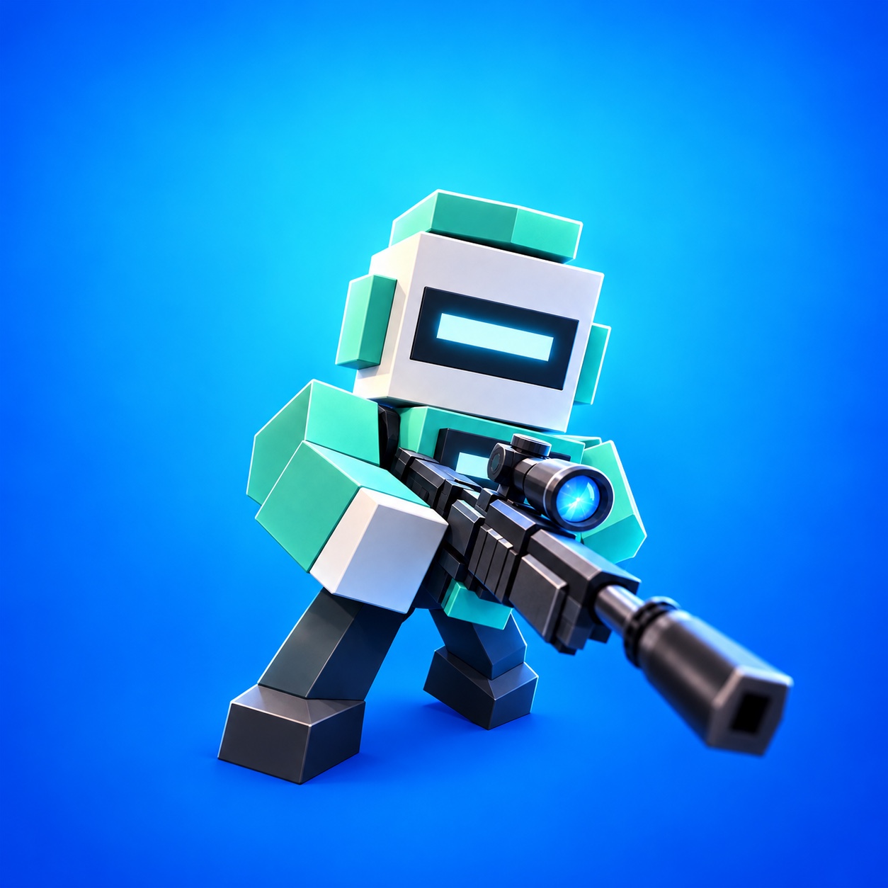 Teal and white blocky Frostline robot holding a futuristic sniper rifle